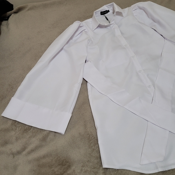 PrettyLittleThing White Flare Puff Sleeve Tie Waist Shirt Dress size 4 - Picture 7 of 13